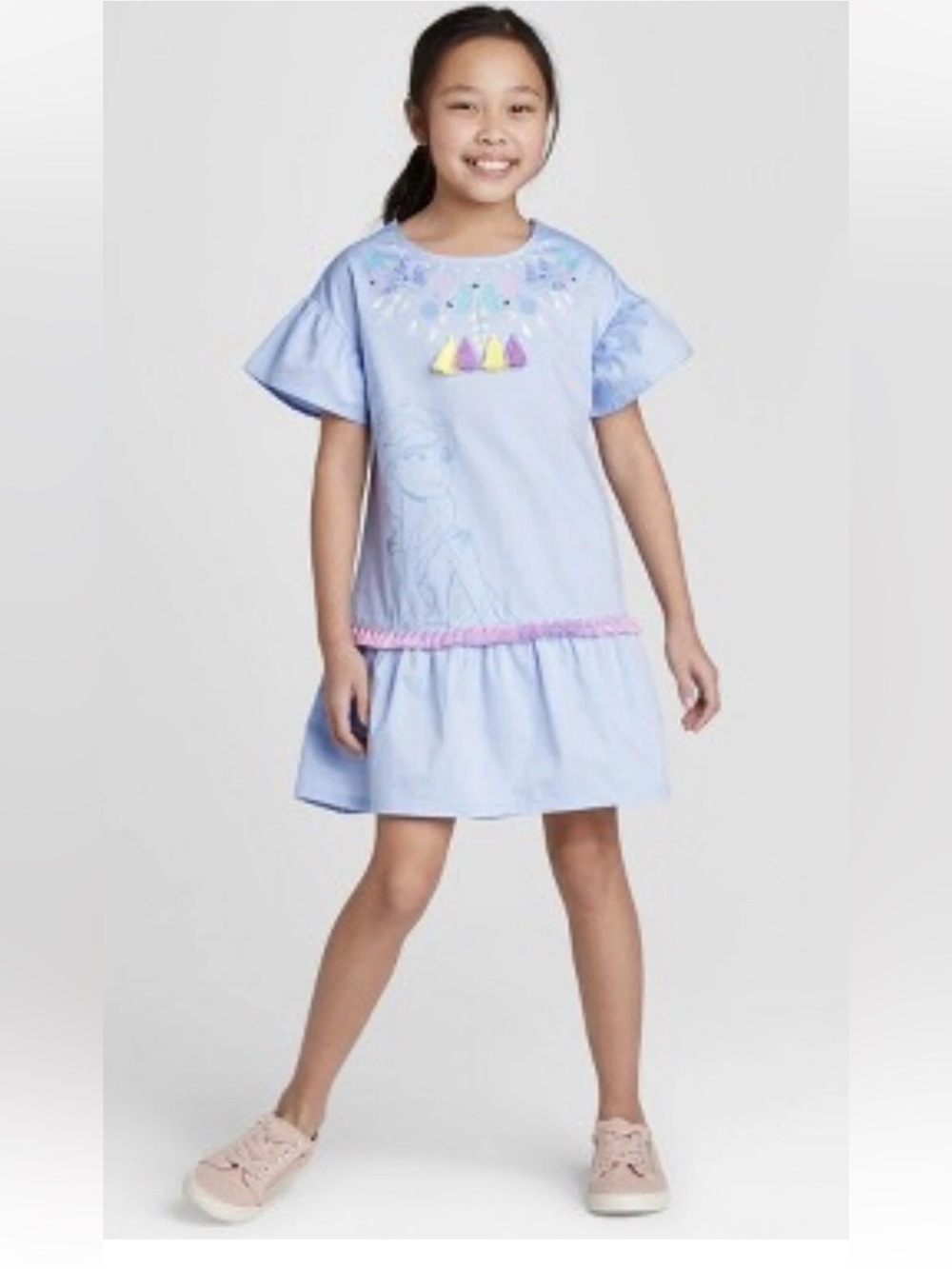 New Disney Frozen Elsa Blue Floral Pom Pom Dress Girls Size XL
